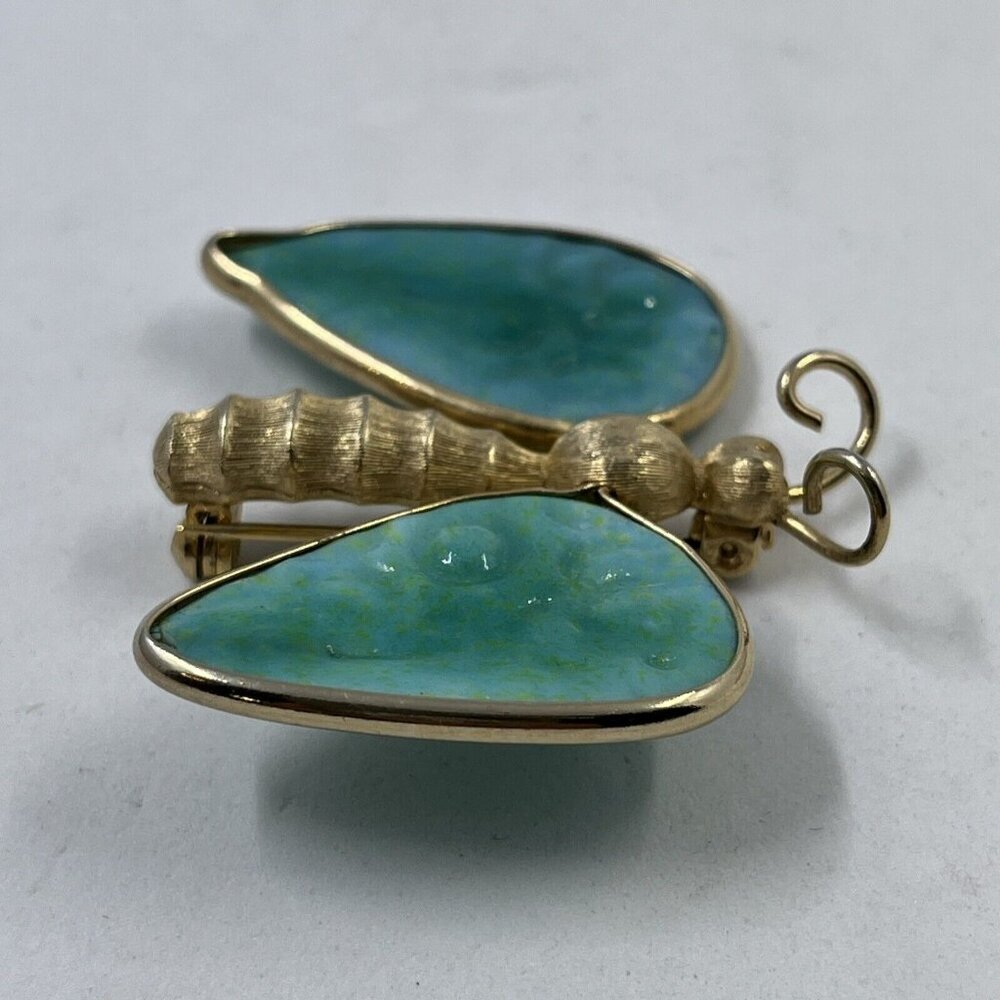 Weiss Brushed Gold-tone Butterfly w Faux Jade Molded Green Glass Wings‎ 1960s - Picture 10 of 12